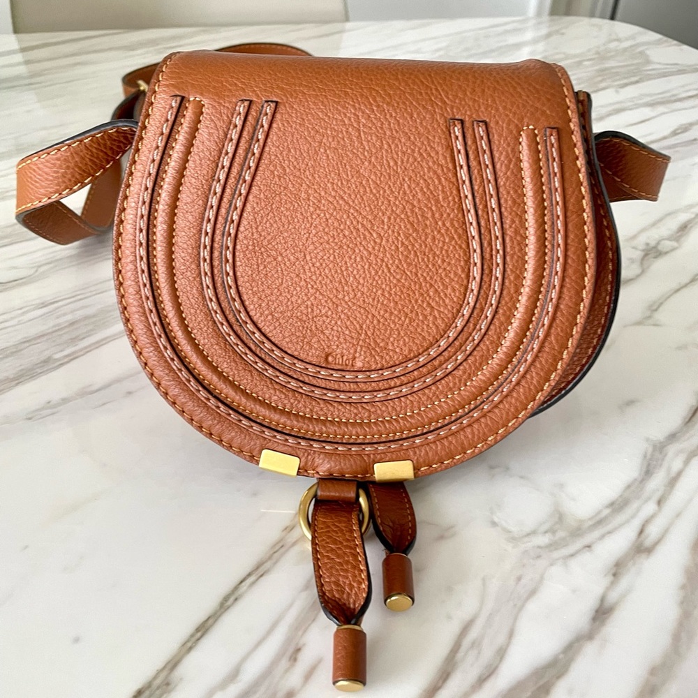 Chloe Small Marcie leather saddle bag. Cross Body bag in tan.